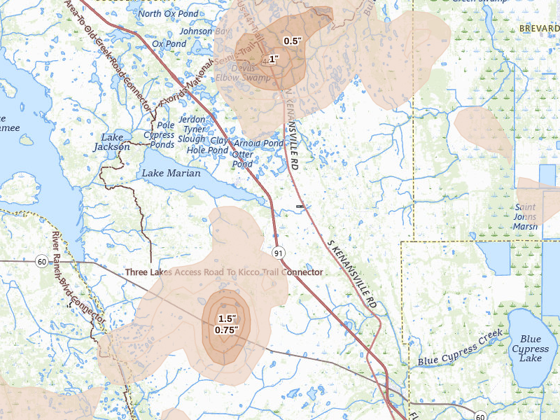 Radar-estimated hail-size map of the storm over Kenansville, FL on Jul 26, 2026