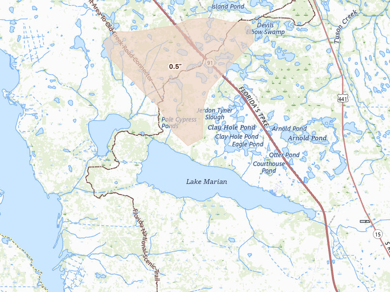 Radar-estimated hail-size map of the storm over Kenansville, FL on Aug 8, 2026