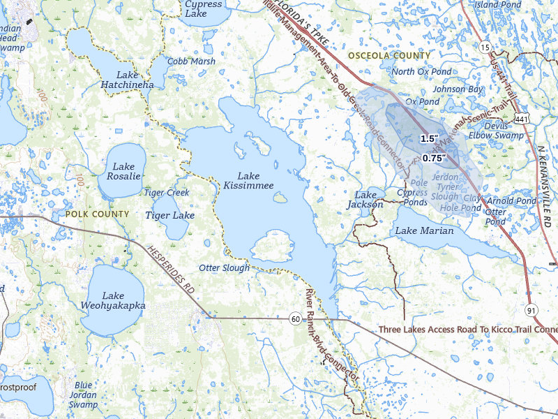 NEXRAD radar-signature map of the hail storm over Kenansville, FL on Aug 8, 2026