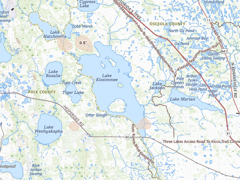 Radar-estimated hail-size map of the storm over Kenansville, FL on Aug 12, 2026