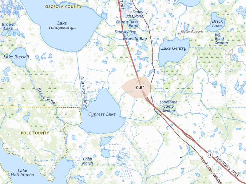 Radar-estimated hail-size map of the storm over Kenansville, FL on Aug 29, 2026