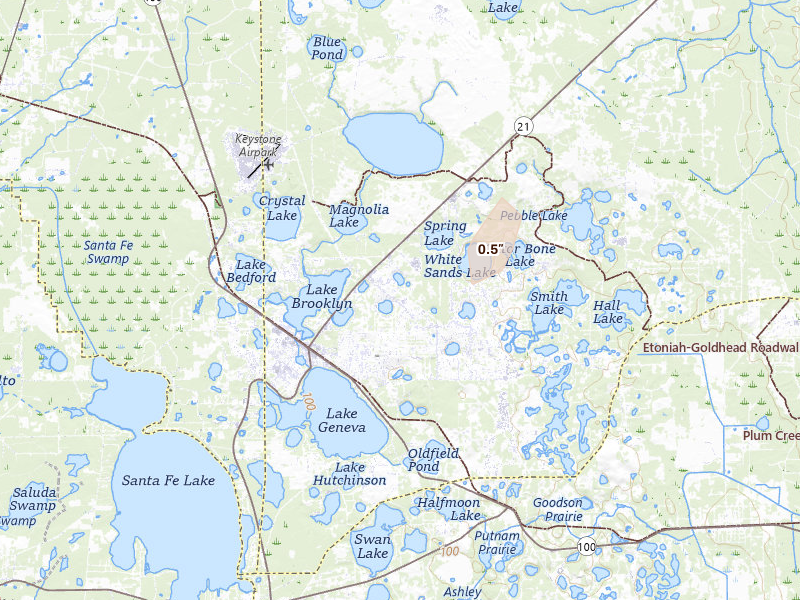 Radar-estimated hail-size map of the storm over Keystone Heights, FL on Jun 18, 2026