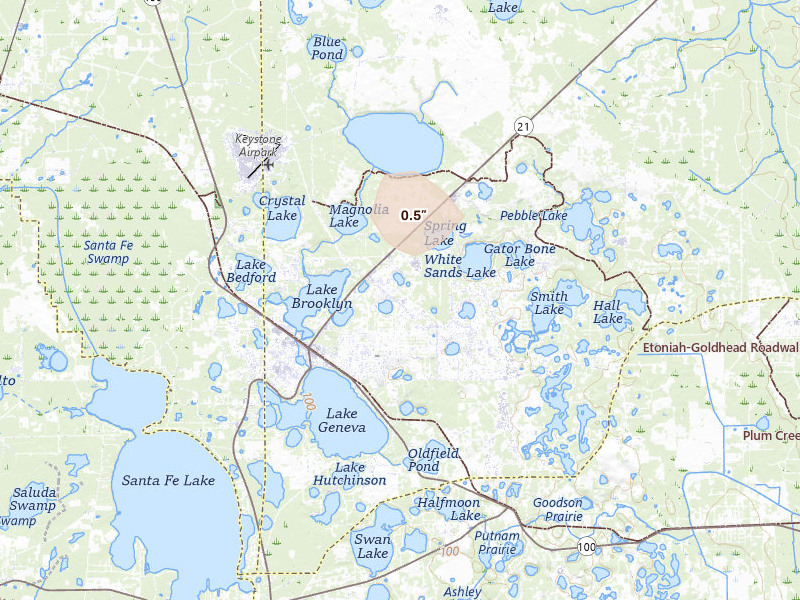 Radar-estimated hail-size map of the storm over Keystone Heights, FL on Jun 28, 2026