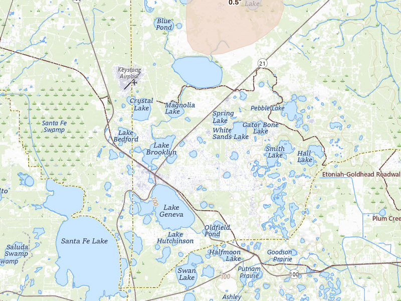 Radar-estimated hail-size map of the storm over Keystone Heights, FL on Jul 30, 2026