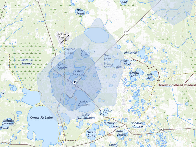NEXRAD radar-signature map of the hail storm over Keystone Heights, FL on Aug 9, 2026