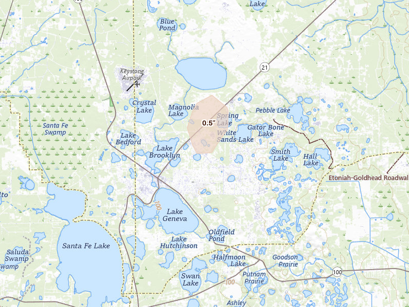 Radar-estimated hail-size map of the storm over Keystone Heights, FL