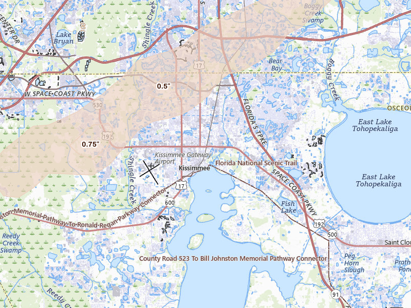 Radar-estimated hail-size map of the storm over Kissimmee, FL on Mar 16, 2026