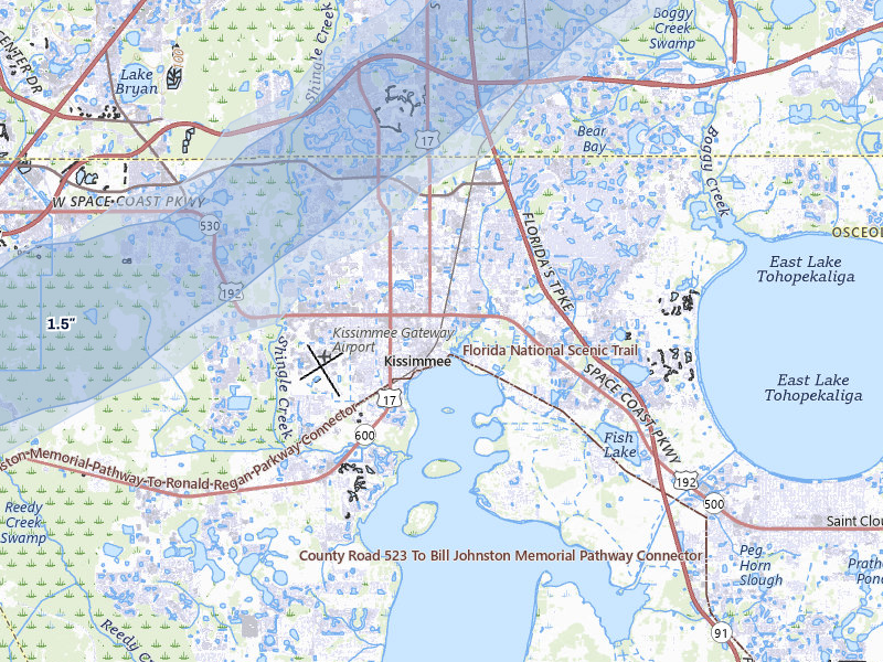 NEXRAD radar-signature map of the hail storm over Kissimmee, FL on Mar 16, 2026