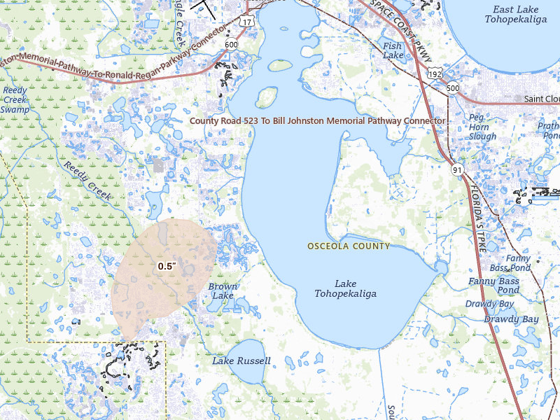 Radar-estimated hail-size map of the storm over Kissimmee, FL on Jun 12, 2026