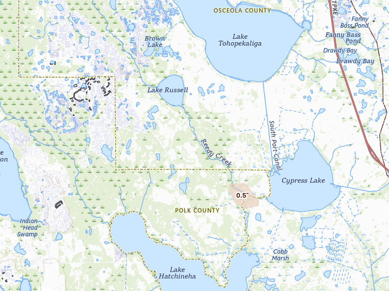 Radar-estimated hail-size map of the storm over Kissimmee, FL on Aug 5, 2026