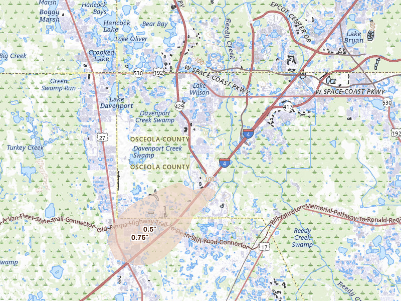 Radar-estimated hail-size map of the storm over Kissimmee, FL on Aug 19, 2026