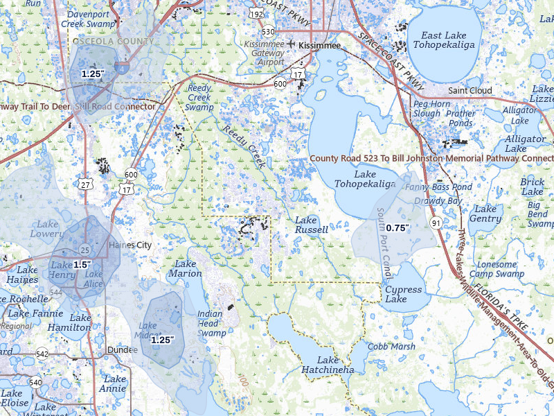 NEXRAD radar-signature map of the hail storm over Kissimmee, FL on Aug 19, 2026