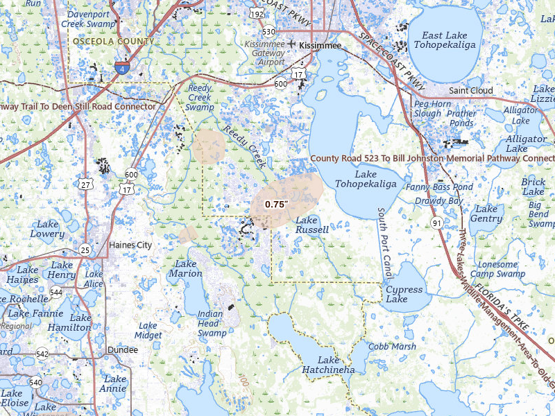 Radar-estimated hail-size map of the storm over Kissimmee, FL on Aug 21, 2026