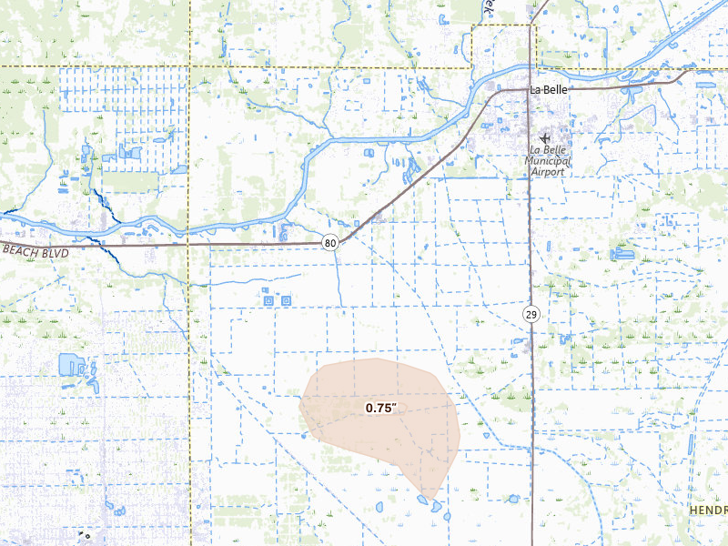 Radar-estimated hail-size map of the storm over Labelle, FL on Mar 8, 2026