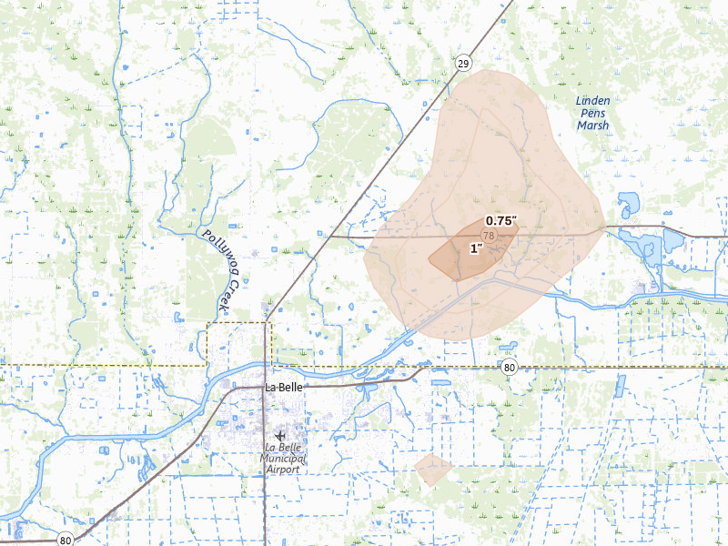 Radar-estimated hail-size map of the storm over Labelle, FL on May 16, 2026