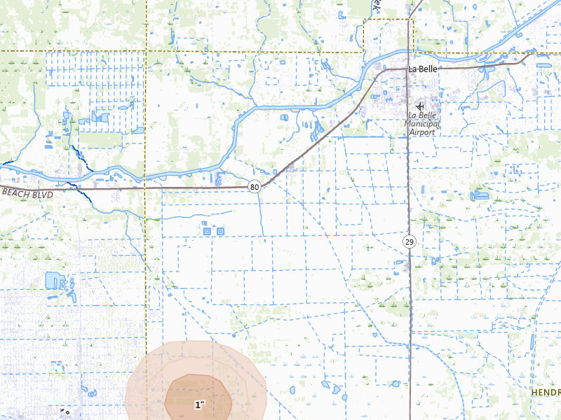 Radar-estimated hail-size map of the storm over Labelle, FL on Jul 13, 2026