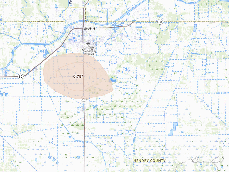 Radar-estimated hail-size map of the storm over Labelle, FL on Aug 5, 2026