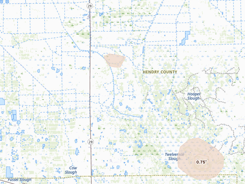 Radar-estimated hail-size map of the storm over Labelle, FL on Aug 10, 2026