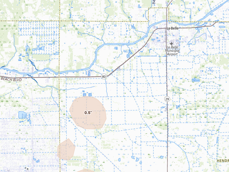 Radar-estimated hail-size map of the storm over Labelle, FL on Aug 20, 2026