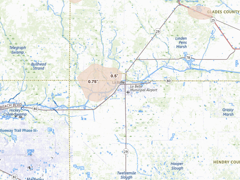 Radar-estimated hail-size map of the storm over Labelle, FL on Aug 29, 2026
