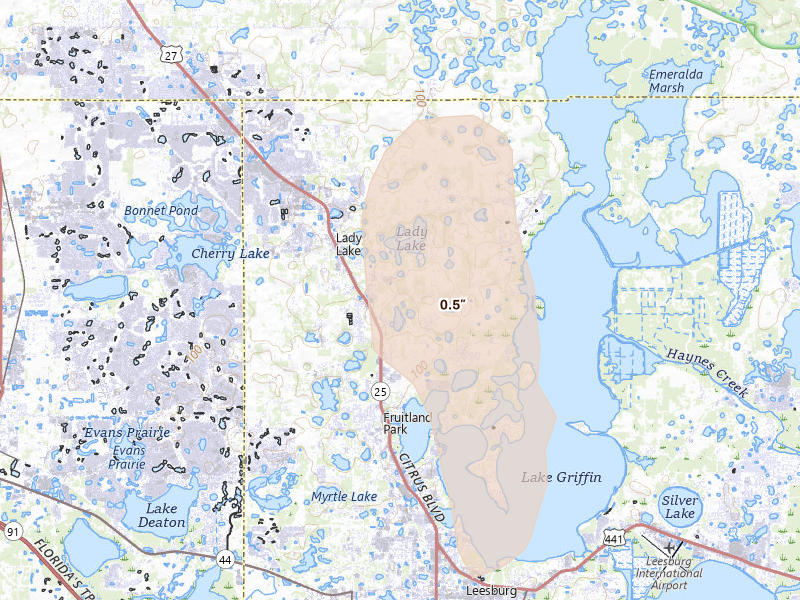 Radar-estimated hail-size map of the storm over Lady Lake, FL on May 23, 2026
