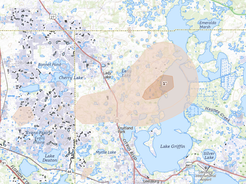 Radar-estimated hail-size map of the storm over Lady Lake, FL on Jun 30, 2026