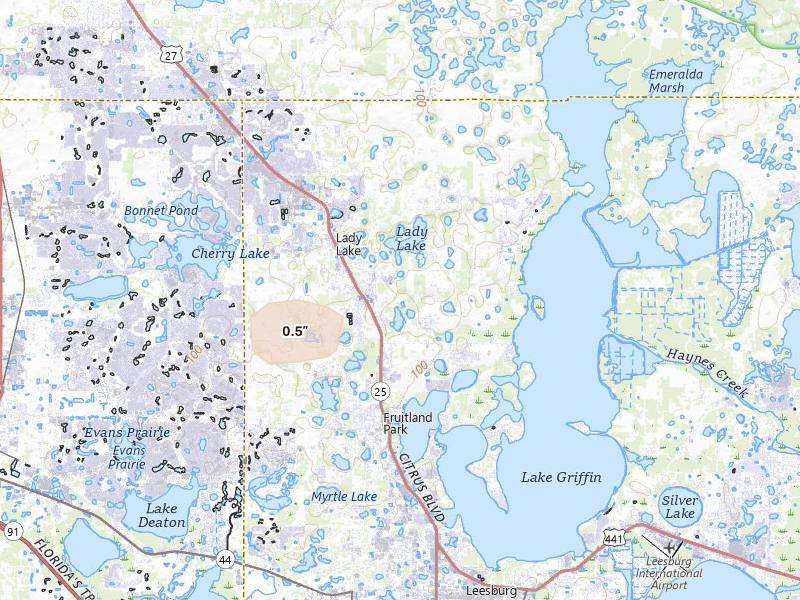 Radar-estimated hail-size map of the storm over Lady Lake, FL on Jul 4, 2026