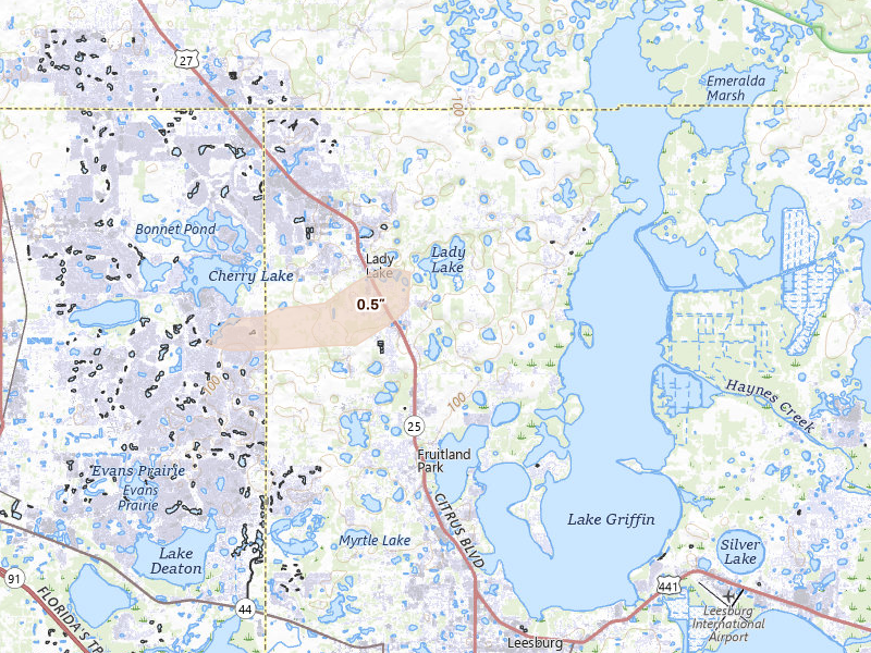 Radar-estimated hail-size map of the storm over Lady Lake, FL on Jul 12, 2026