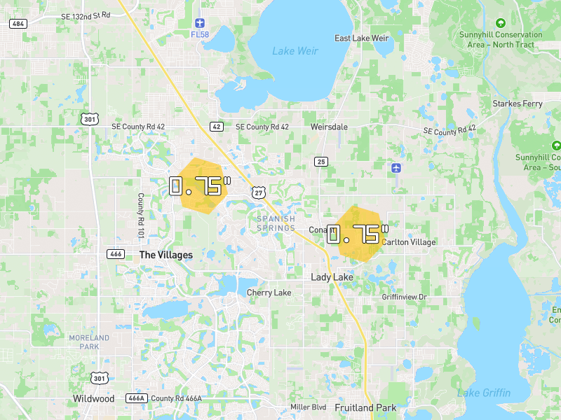 Hail map of Lady Lake, FL on Jul 29, 2026, hail up to 0.75"