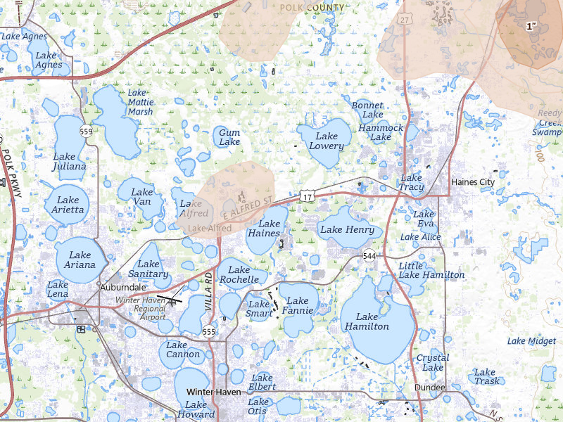 Radar-estimated hail-size map of the storm over Lake Alfred, FL on Mar 15, 2026