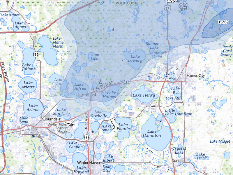 NEXRAD radar-signature map of the hail over Lake Alfred, FL