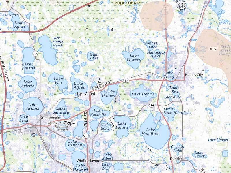 Radar-estimated hail-size map of the storm over Lake Alfred, FL on Jun 27, 2026