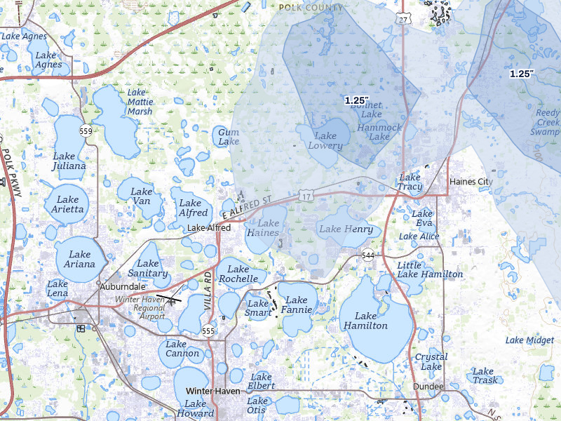 NEXRAD radar-signature map of the hail storm over Lake Alfred, FL on Jun 27, 2026
