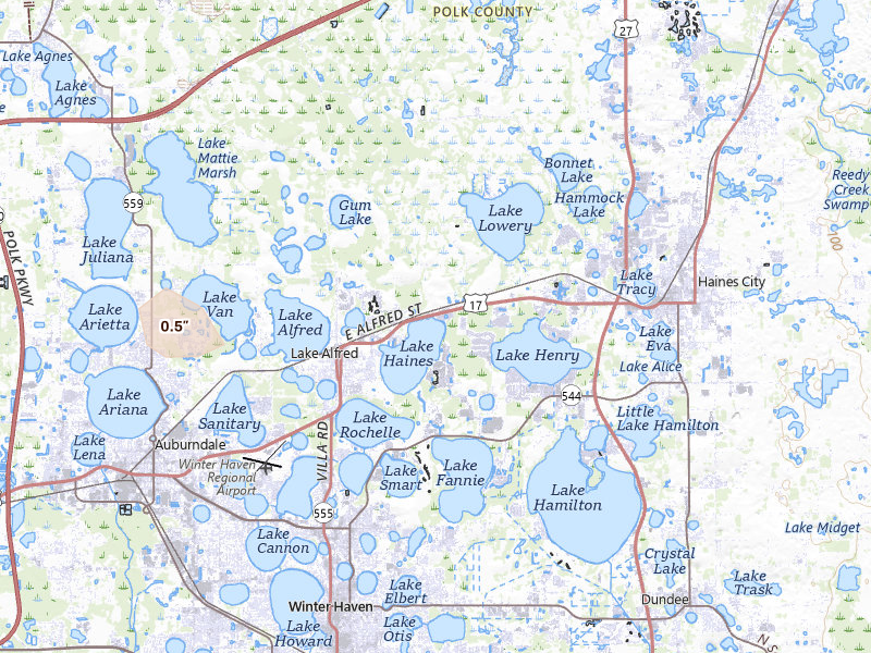 Radar-estimated hail-size map of the storm over Lake Alfred, FL on Jul 13, 2026