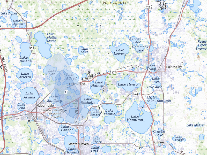 NEXRAD radar-signature map of the hail over Lake Alfred, FL