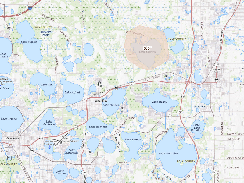 Radar-estimated hail-size map of the storm over Lake Alfred, FL