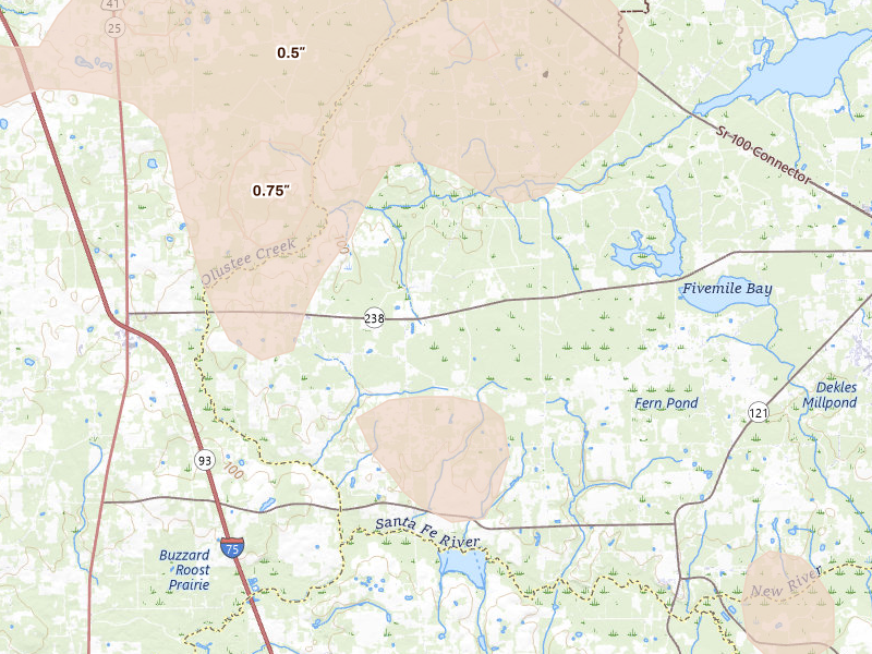Radar-estimated hail-size map of the storm over Lake Butler, FL on May 17, 2026