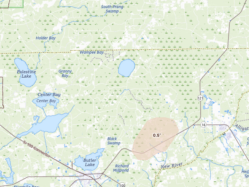 Radar-estimated hail-size map of the storm over Lake Butler, FL on Jul 28, 2026