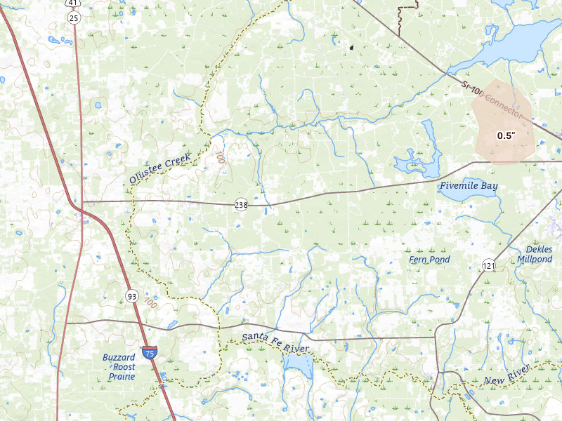 Radar-estimated hail-size map of the storm over Lake Butler, FL on Jul 29, 2026