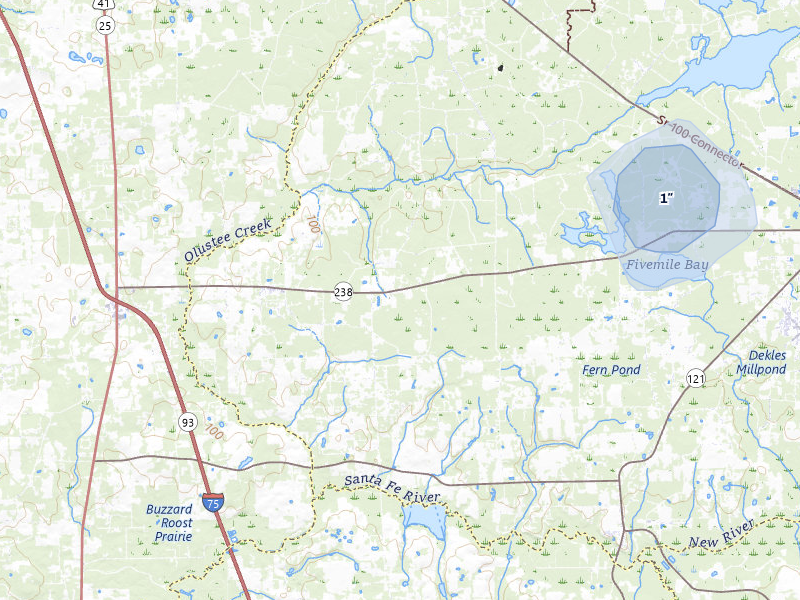 NEXRAD radar-signature map of the hail storm over Lake Butler, FL on Jul 29, 2026