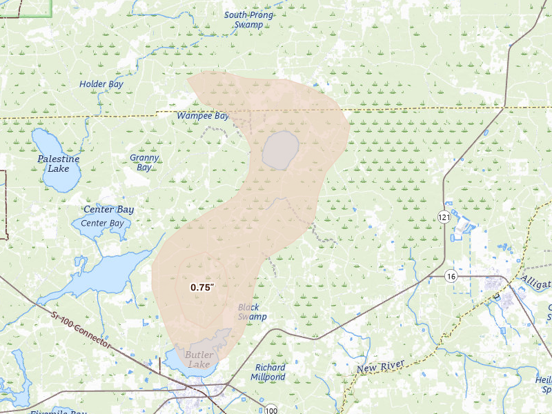 Radar-estimated hail-size map of the storm over Lake Butler, FL on Aug 18, 2026