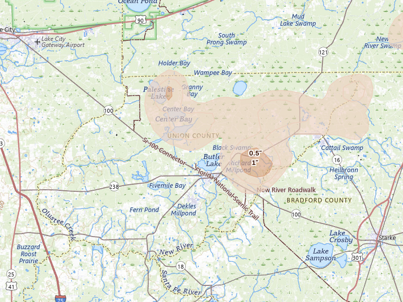 Radar-estimated hail-size map of the storm over Lake Butler, FL on Aug 19, 2026