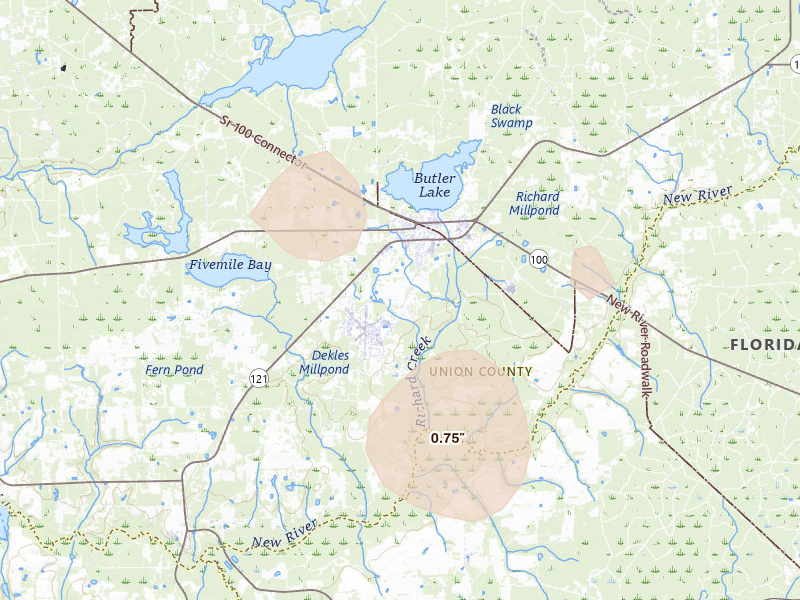 Radar-estimated hail-size map of the storm over Lake Butler, FL on Aug 20, 2026