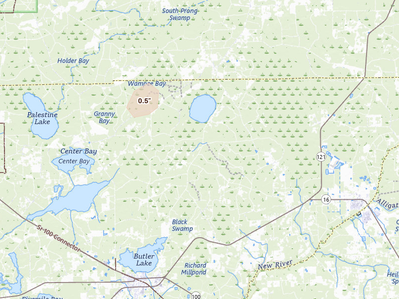 Radar-estimated hail-size map of the storm over Lake Butler, FL on Aug 24, 2026
