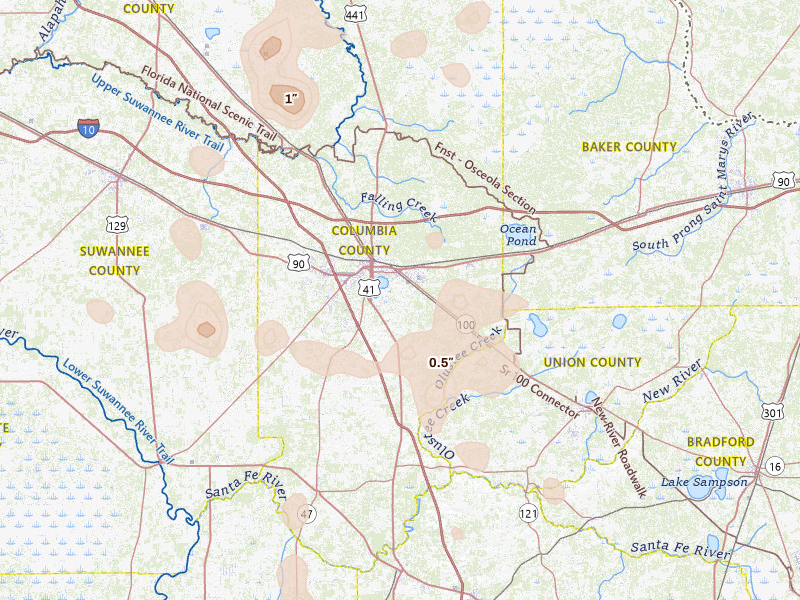 Radar-estimated hail-size map of the storm over Lake City, FL on May 17, 2026