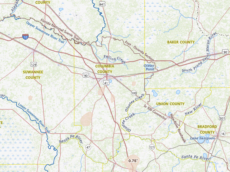 Radar-estimated hail-size map of the storm over Lake City, FL on May 24, 2026
