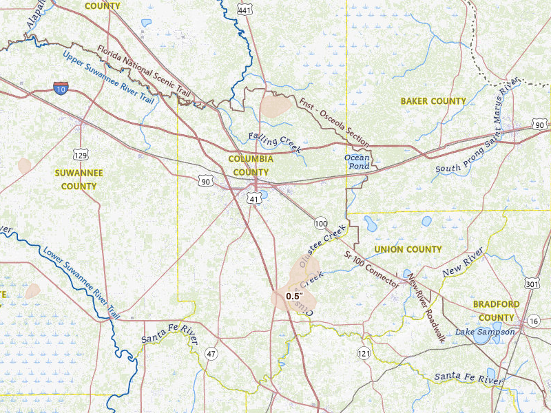Radar-estimated hail-size map of the storm over Lake City, FL on Jun 23, 2026