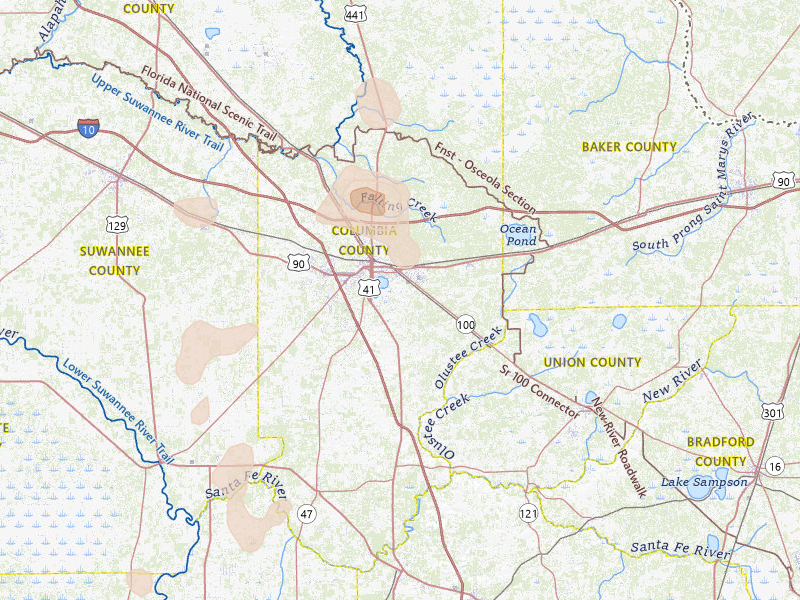 Radar-estimated hail-size map of the storm over Lake City, FL on Jul 17, 2026