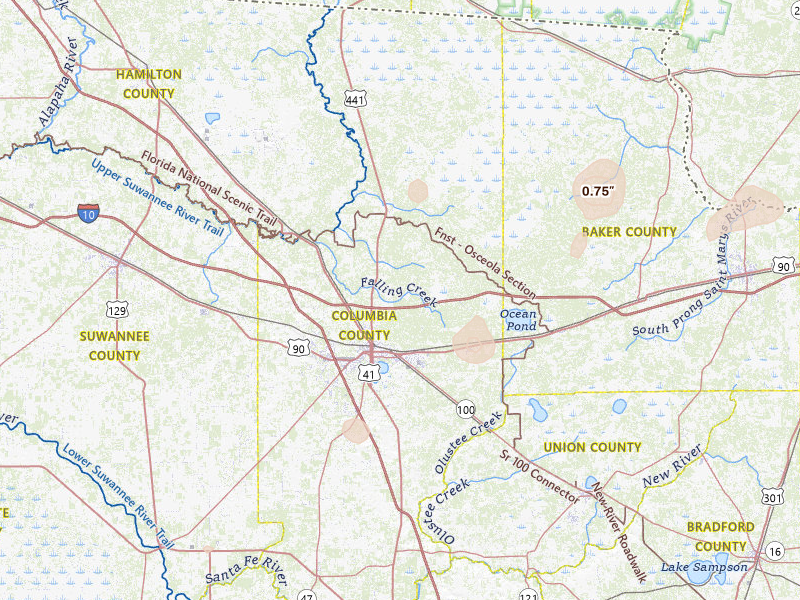 Radar-estimated hail-size map of the storm over Lake City, FL on Aug 6, 2026