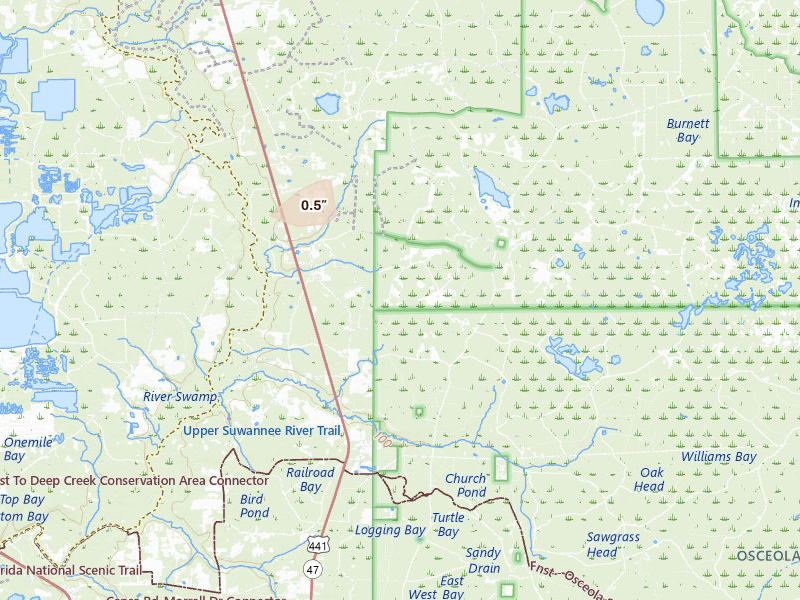 Radar-estimated hail-size map of the storm over Lake City, FL on Aug 12, 2026